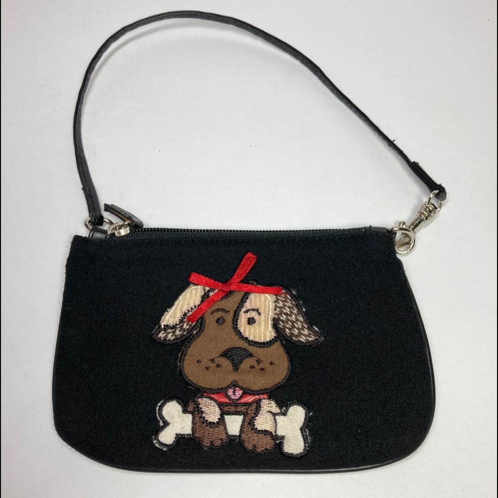 Black Wool Wristlet with Dog Applique Embroidered Lined